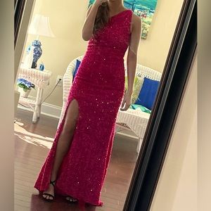 pink sequin prom dress with cut open back